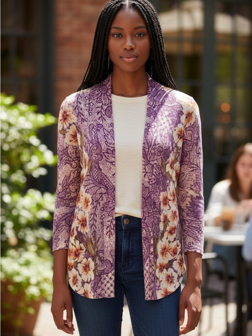 Chico's Purple Floral Open Cardigan Sweater Lightweight 1 8 M